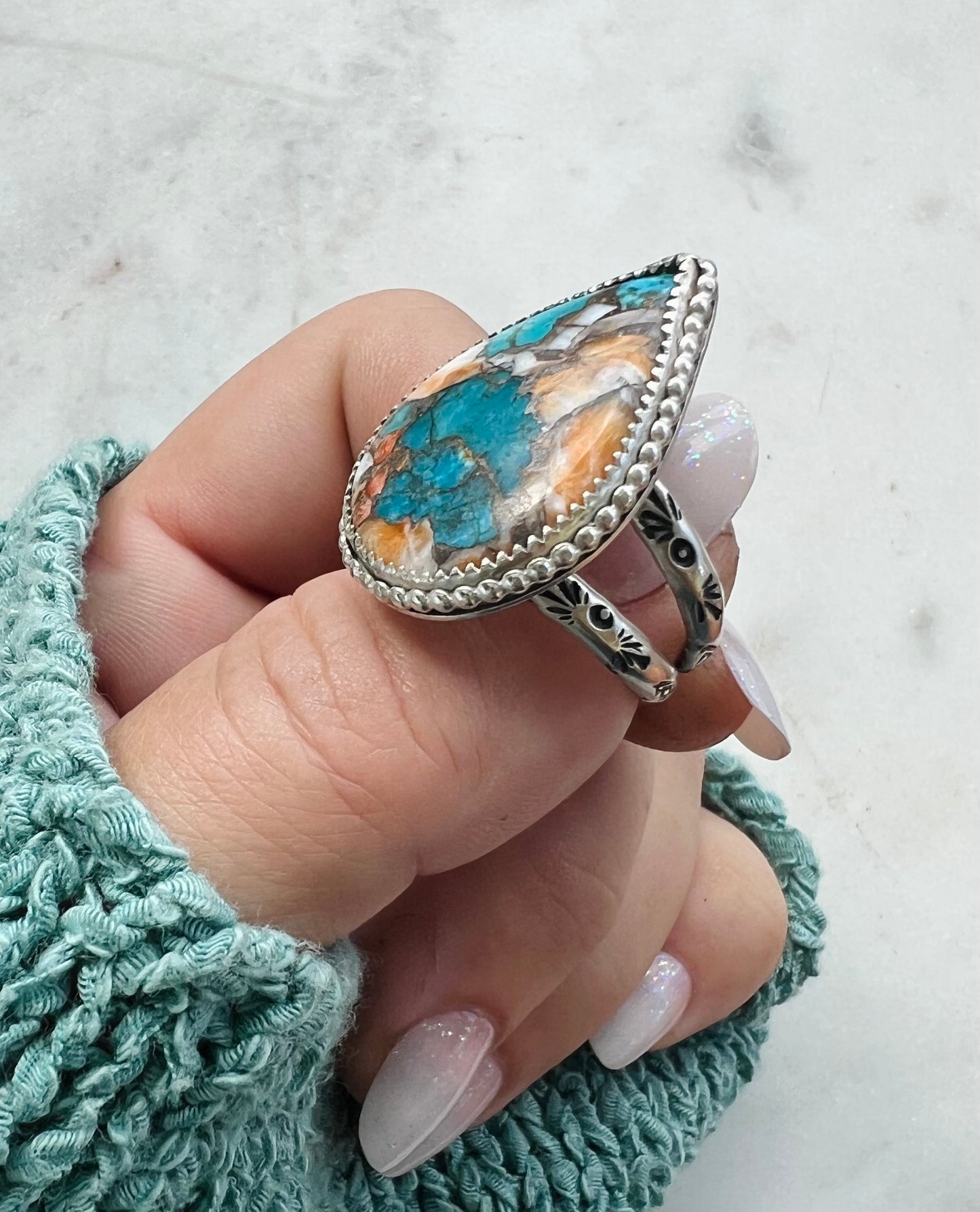 Spiny Oyster Turquoise Drop Ring (size 8.25)