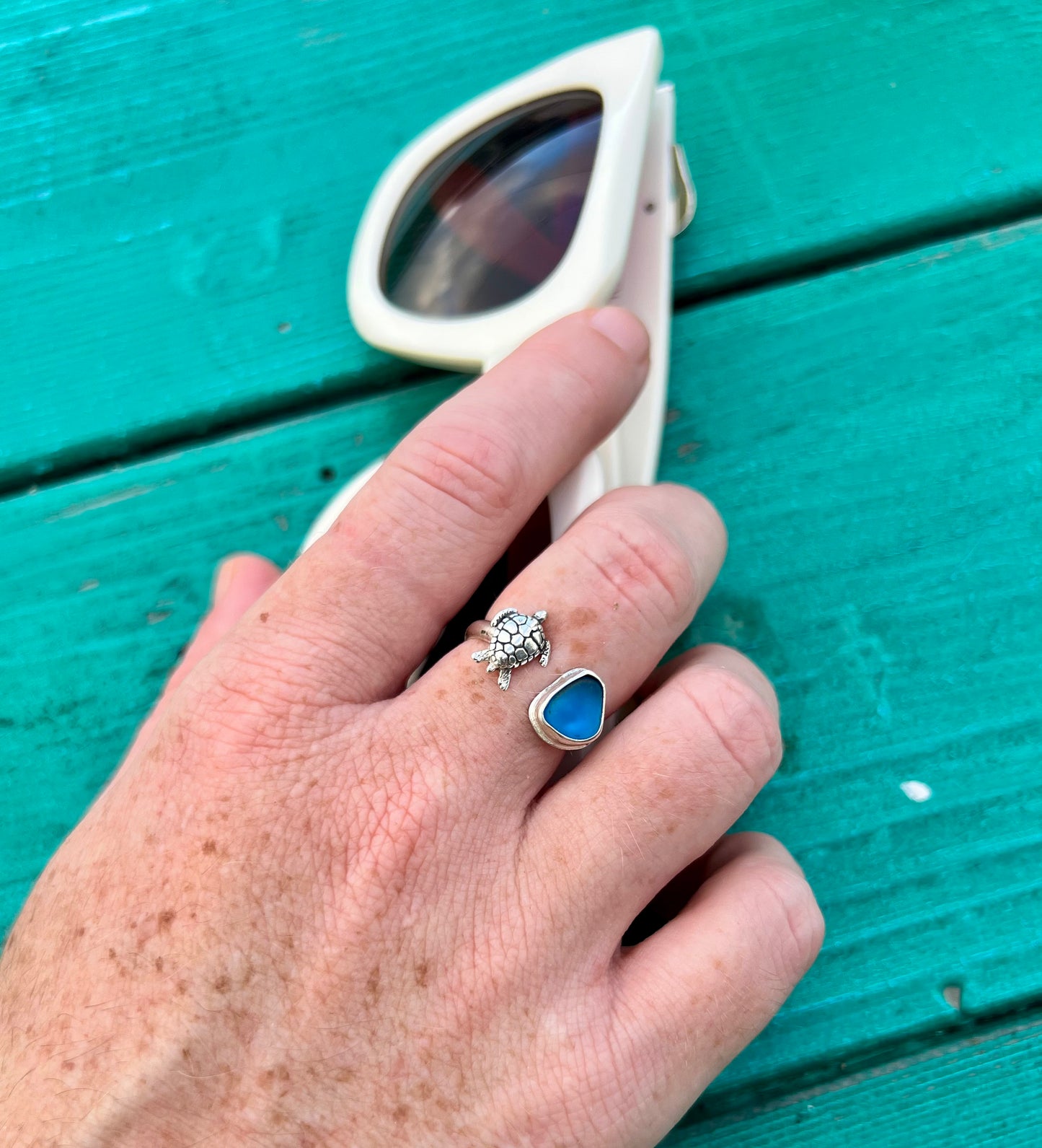 Turtle Sea Glass Cuff Rings