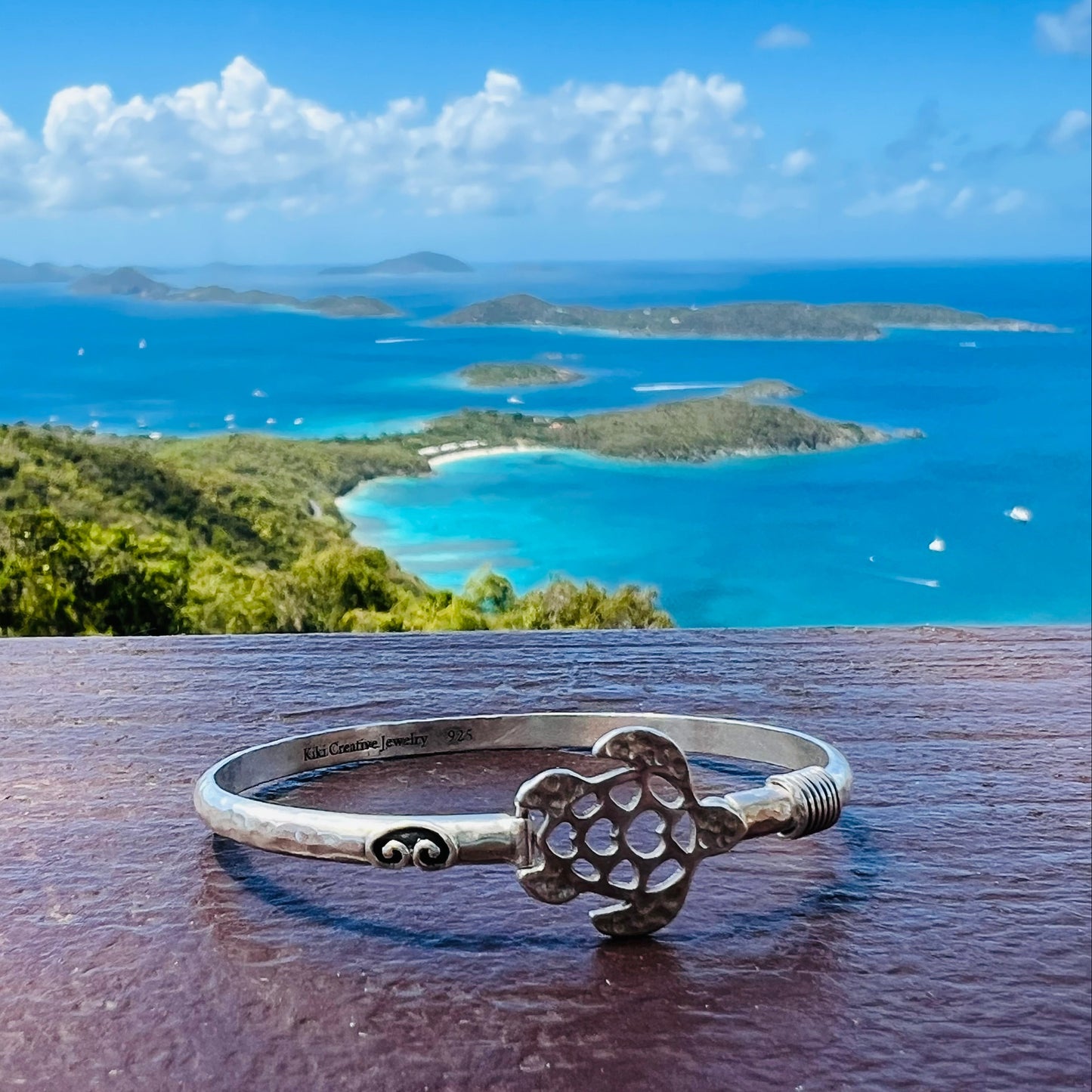 Silver turtle bracelet on a wooden surface with a scenic ocean view in the background