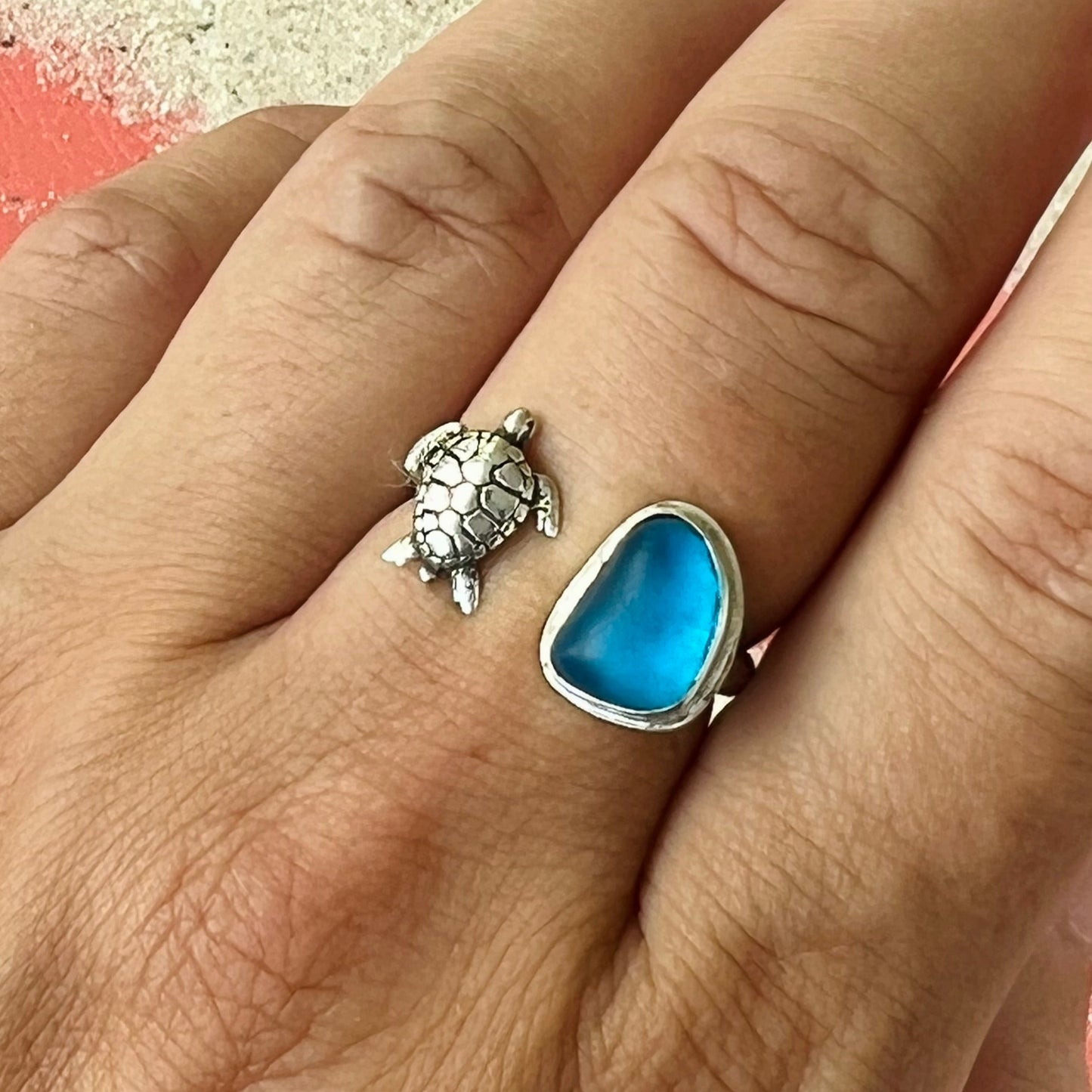 Hand wearing two rings: a silver turtle-shaped ring and a blue stone ring.