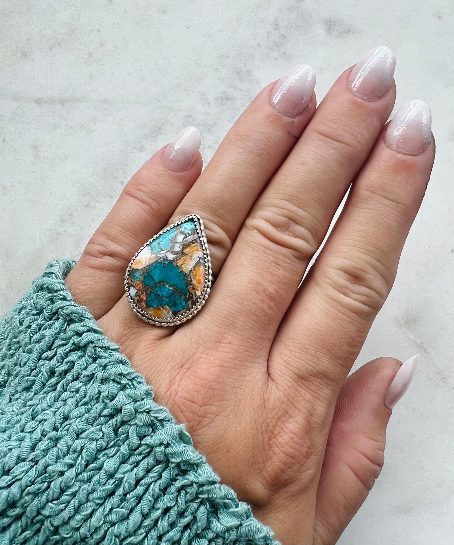 Spiny Oyster Turquoise Drop Ring (size 8.25)