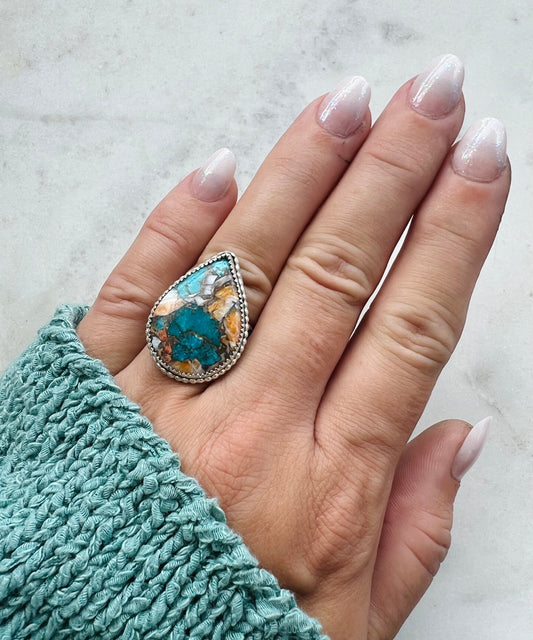 Spiny Oyster Turquoise Drop Ring (size 8.25)