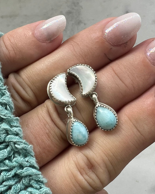 Larimar Pearl Moon Earrings