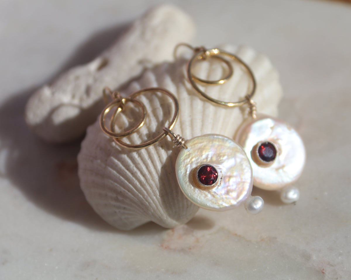 Pearl Garnet Hoop Earrings