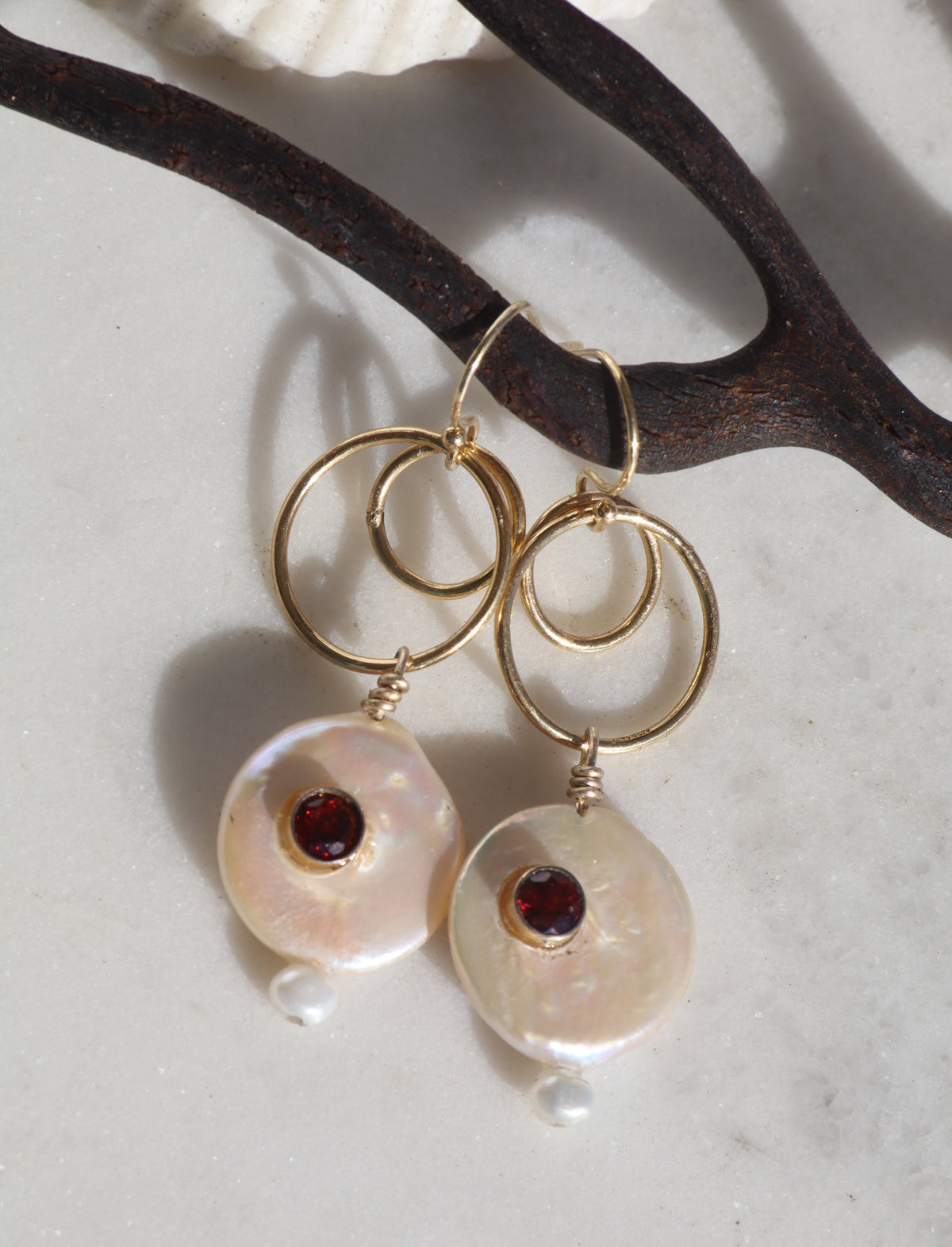 Pearl Garnet Hoop Earrings