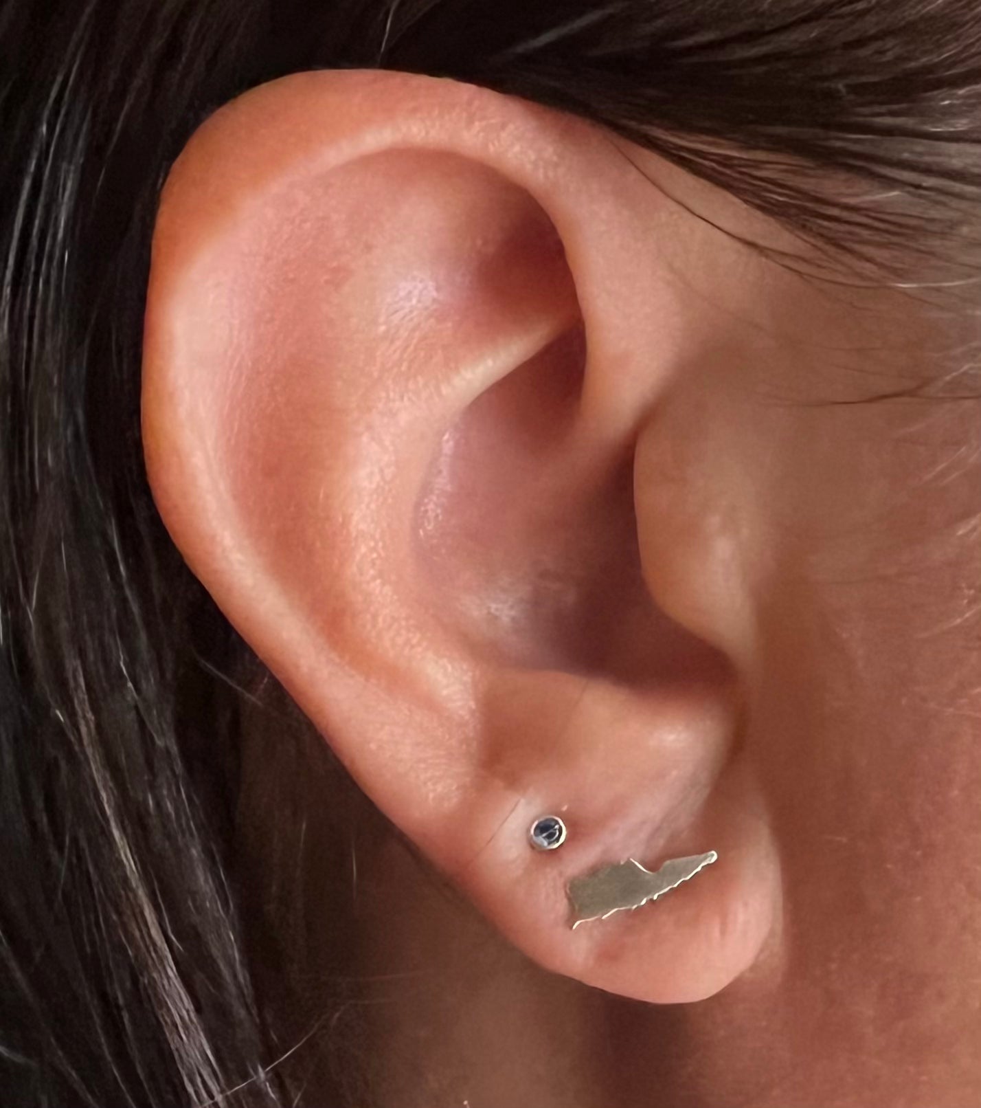 Close-up of a person's ear showing two small earrings: a tiny silver stud with a dark gemstone and a small silver flat piece on the lobe, with dark hair visible around the ear.